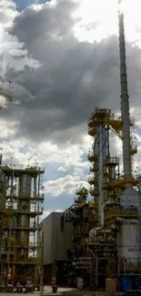 Industrial plant against a blue sky with clouds and bright sunlight.