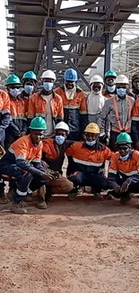 Industrial workers in orange uniforms and helmets at a construction site.