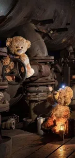 Two teddy bears exploring an industrial setting with pipes.