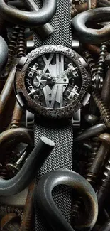 Industrial-themed watch wallpaper with metallic elements in varying shades of gray.