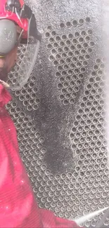 Industrial worker in safety gear cleaning metal surface.