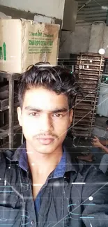 Young man in an industrial workshop setting.