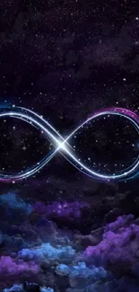 Infinity symbol glowing in starry purple night sky.