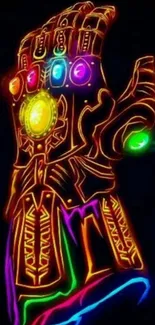 Neon art of the Infinity Gauntlet with glowing gems on a dark background.