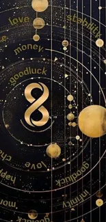 Gold infinity symbol with planets cosmic design wallpaper.