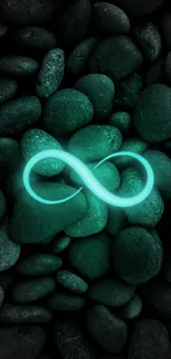 Luminous infinity symbol with dark pebbles.