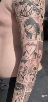 Detailed manga tattoo sleeve showcasing intricate artwork.