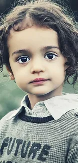 Innocent child with curly hair and gray sweater mobile wallpaper.