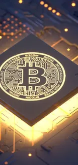 High-tech Bitcoin chip with golden glow on dark blue circuit board.