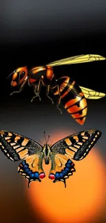 Abstract wallpaper with a wasp and butterfly on a blurred background.