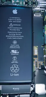 Detailed view of a smartphone's internal circuit and battery.