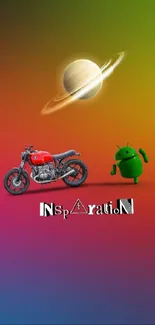 Colorful mobile wallpaper with galaxy, motorcycle, and Android.