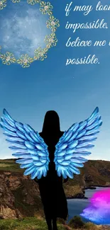 Silhouette with blue angel wings and inspiring quote over scenic landscape.