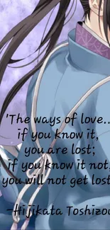 Anime character with love quote on blue background.