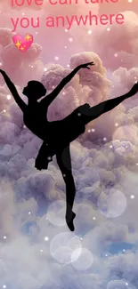 Silhouette of a ballerina dancing against a cloudy pink sky background.