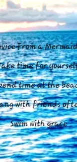 Inspirational beach wallpaper with mermaid quote in blue hues.