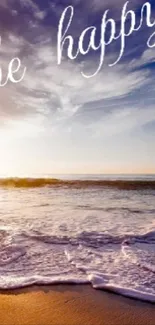 Beach view with sunset and 'be happy' text, conveying serenity and inspiration.