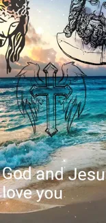 Inspirational beach wallpaper with religious symbols and a sunset.