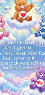 Colorful cartoon bear wallpaper with motivational quotes on clouds.
