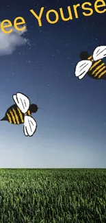 Inspirational 'Bee Yourself' wallpaper with blue sky and green field.