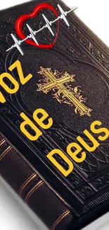 Bible cover with a gold cross and heart pulse graphic.