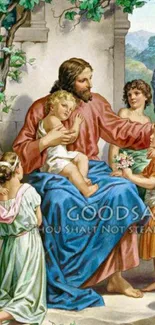 Jesus surrounded by children in an inspiring artwork.