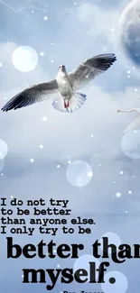 Soaring bird with inspirational quote against a sky background.