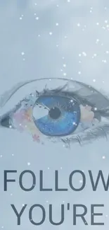 Artistic blue eye wallpaper with dreamy cosmos and flowers.