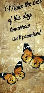 Inspirational vintage wallpaper with butterflies and a motivational quote.