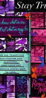 Vibrant purple butterfly wallpaper with inspirational quotes.