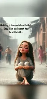 Inspirational cartoon girl sitting in rain with motivational text.