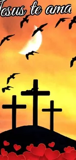 Inspirational Christian wallpaper with crosses, hearts, and flying birds at sunset.