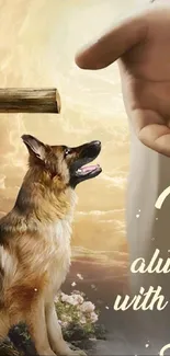 Christian wallpaper featuring a cross, a dog, and a guiding hand.