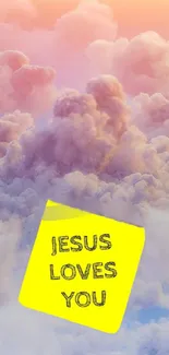 Mobile wallpaper with clouds and 'Jesus Loves You' note.