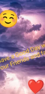 Purple cloudy sky wallpaper with inspirational message and emojis.