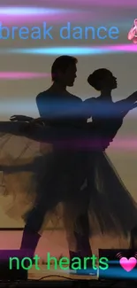 Silhouette of dancers at sunset with inspirational text.