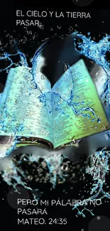 Open Bible with flowing water graphic design.