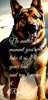 German Shepherd running with inspiring quote in dramatic scenery.