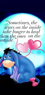 Eeyore with an inspirational quote in blue moonlight with hearts.