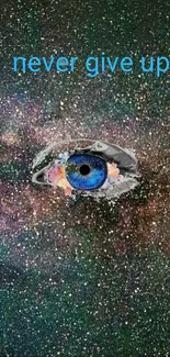 Inspirational cosmic eye with galaxy background and flowers.