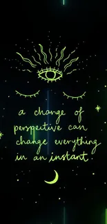 Neon green eye with motivational quote on black wallpaper.