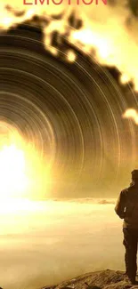 Person standing before cosmic tunnel with inspirational quote 'Fear is only an emotion'.