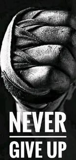 A black and white fist with 'Never Give Up' text.