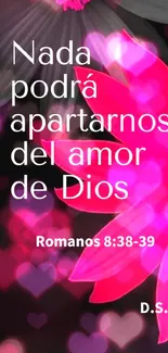 Vibrant pink floral wallpaper with inspirational Bible verse.