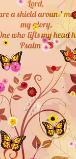 Peach floral background with butterflies and Psalm verse.