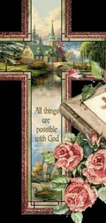 Inspirational floral cross with roses and religious text.