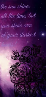 Inspirational quote with purple galaxy and floral design wallpaper.