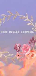 Lavender mobile wallpaper with floral wreath and 'keep moving forward' text.