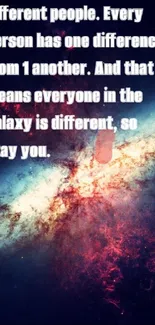 Galaxy wallpaper with inspirational quote and cosmic background.