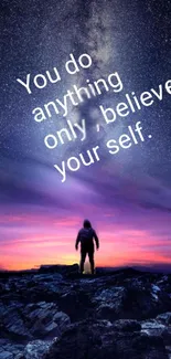 Silhouette against a galaxy sky with inspiring quote.